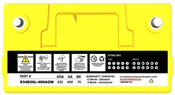 PS PRIUS  - PRIUS AGM (S34B20L) 400CA, 325CCA, 70RC Automotive Starting Battery - 12Volts - Image 3