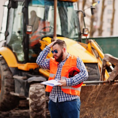 Brutal beard worker man suit construction worker in safety orange helmet, sunglasses against traktor with plan paper at hands.